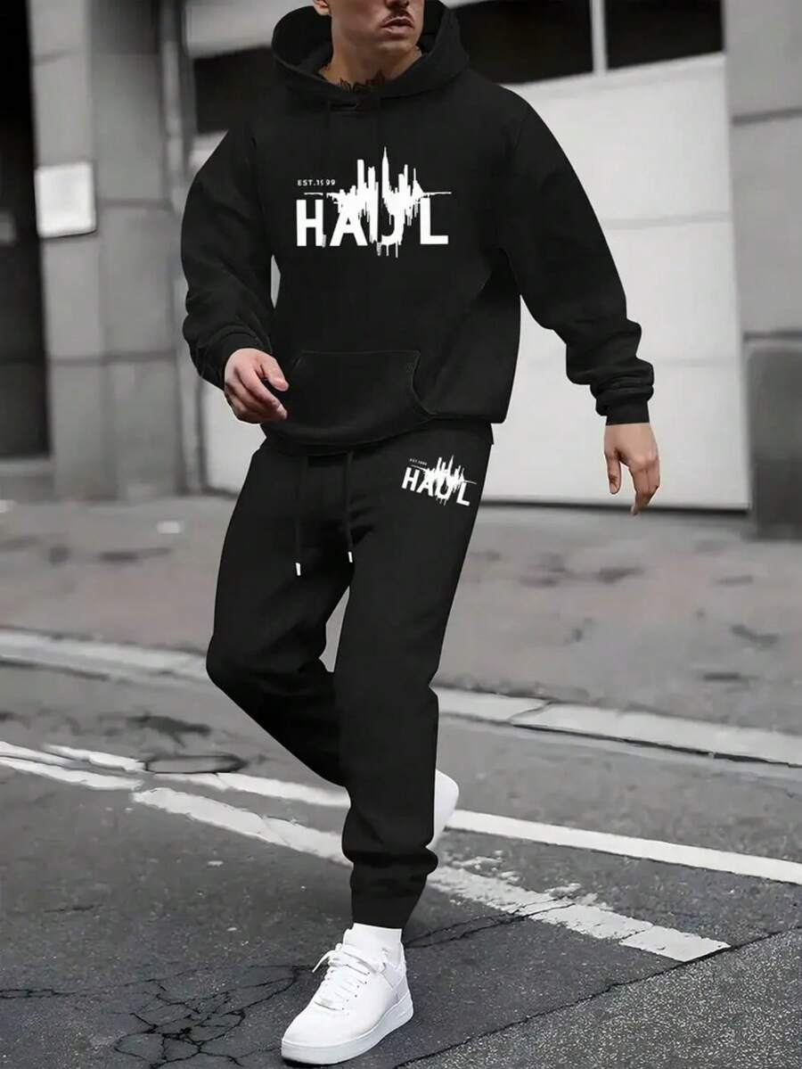 2pcs Men's Casual HAUL Letter Print Tracksuit - Long Sleeve Hoodie And Elastic Waist Pants With Pockets - Breathable Polyester For Spring/ Fall - 黑色4 - 查看 1