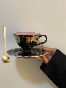 1 套复古法国百合花卉陶瓷咖啡杯和碟子，高品质优雅拿铁艺术杯，下午茶小众礼物 - 彩色 - 查看 12