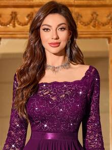 MIUSOL Sequin Floral Lace V-Neck 3/4 Sleeve Chiffon Ruffle Hem Formal Party Maxi Dress Wedding Spring - Maroon - View 10
