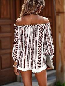 Plus Women's Geometric Printed One Shoulder Lantern Sleeve Lace Up Shirt Top - Brown - View 2