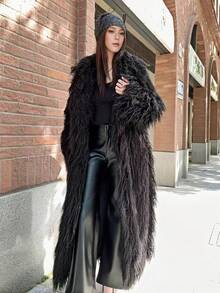 FHILLINUO Women's Elegant Faux Fur Long Coat, Loose Fit, Long Sleeve, Lapel Collar, Pockets, Classic Straight Hem, Black Winter - 多色 - 查看 7