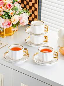 1 套陶瓷杯碟套装，陶瓷茶杯和盘子，咖啡杯碟盘，欧式金边饮具，适合早餐、茶会、下午茶、居家、花园、餐厅，四季皆宜 - 彩色 - 查看 8