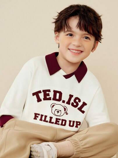 mini bala Camiseta de polo de manga larga con estilo universitario y diseño de oso de peluche para niños, de algodón suave y lindo