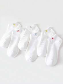 5双随机白色女士简约休闲袜子，卡通水果图案，适合日常穿着