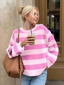 秋季女式条纹宽松套头毛衣，圆领，落肩设计，宽松版型，复古风，韩式休闲，返校季舒适百搭，节日红色毛衣，圣诞节、新年、情人节礼物 - 粉色 - 查看 1
