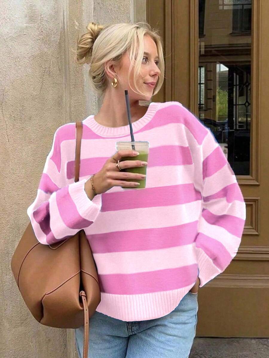 秋季女式条纹宽松套头毛衣，圆领，落肩设计，宽松版型，复古风，韩式休闲，返校季舒适百搭，节日红色毛衣，圣诞节、新年、情人节礼物 - 粉色 - 查看 1