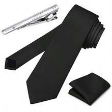 Conjunto de 3 peças de gravatas formais de cor sólida e prendedores de gravata de bolso para homens, para pais, maridos, namorados, padrinhos, padrinhos e todos os entes queridos - Azul marinho - Ver 1