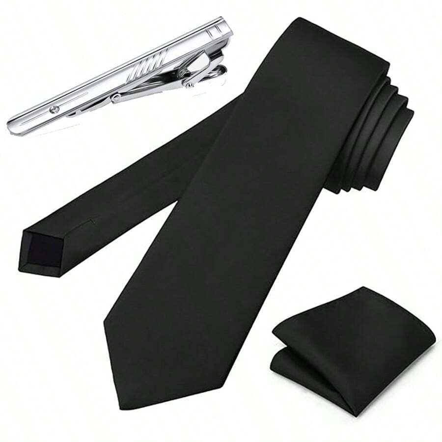 Conjunto de 3 peças de gravatas formais de cor sólida e prendedores de gravata de bolso para homens, para pais, maridos, namorados, padrinhos, padrinhos e todos os entes queridos - Azul marinho - Ver 1