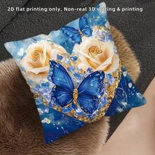 TOPSSCTR 4 Stücke, 2D Flach Digital Bedruckte Elegante Blumen & Schmetterling Dekorative Kissenbezüge - Einseitig Blau & Golden Blumen Bedrucktes Design, Weicher Polyesterstoff, 45x45 cm Quadratisch mit Reißverschluss, Maschinenwaschbar für Sofa, Schlafzimmer, Wohnzimmer Dekoration, Schlafzimmer Accessoires, Leuchtende Kissenbezüge