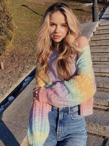 Women's Rainbow Gradient Knitted Cardigan With Round Neck, Sweet Style, Casual And Suitable For Commuting. - Multicolor - View 1