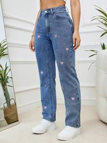 Women's Fashion Casual Plus Size Medium Wash Blue Elastic Denim Jeans With Pink Heart Embroidery, Comfortable & Soft, Suitable For Spring, Summer, Autumn, Winter - Medium Wash - View 4