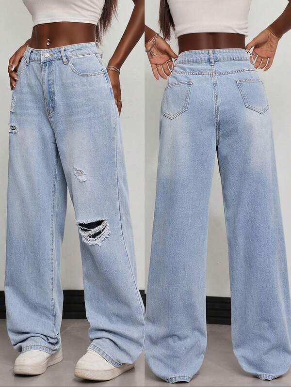 Women's Light Blue Ripped Straight Leg Jeans Fashionable Daily Casual Pants For Summer 2025 New Style