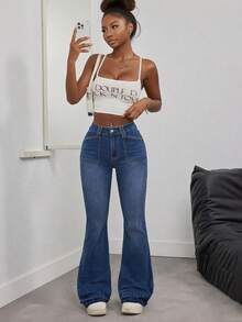 Vintage Low Waist Skinny Flared Jeans In Dark Blue Elegant Summer Outfit For Women Resort And Everyday Casual Wear Stretch Denim Long Pants