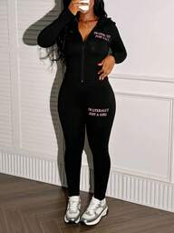 2pcs Plus Size Women Fashion Hooded Long Sleeve Zip-Up Letter Print Jacket And Leggings Set