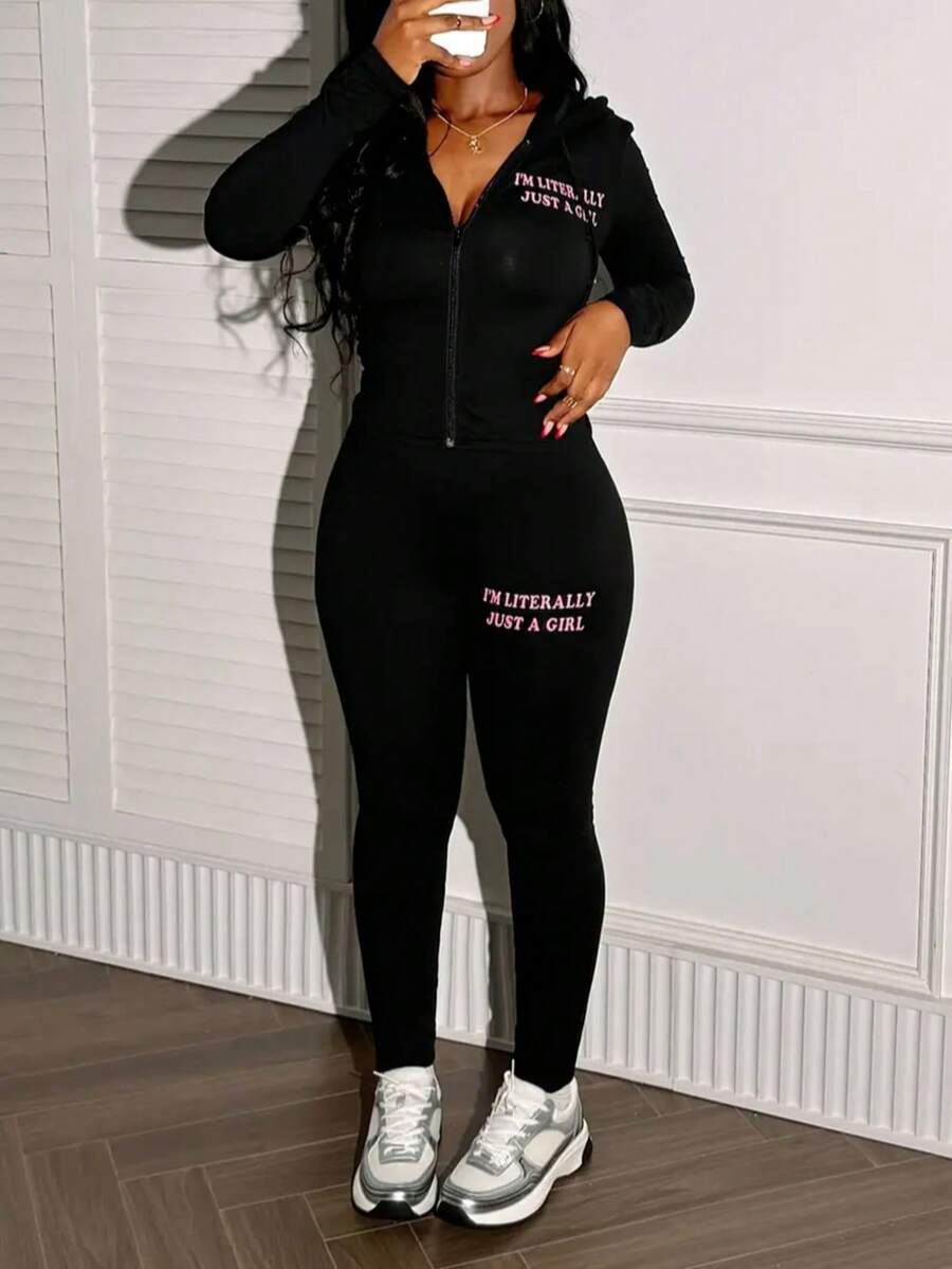 2pcs Plus Size Women Fashion Hooded Long Sleeve Zip-Up Letter Print Jacket And Leggings Set Black Spring Elegant - Black - View 1