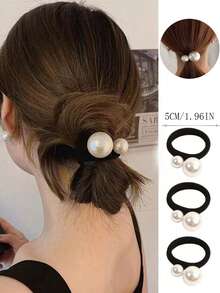 1 件女士黑珍珠发圈，时尚百搭韩国发饰，黑色厚弹性发带带蝴蝶结，适合日常佩戴（珍珠位置可能与实际商品不同）