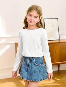 Kids Girls Long Sleeve Crewneck Tee Pleated Casual Top 5-14Y - trắng - Xem 5