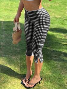 Women's Retro Skinny Fit Gingham Capri Pants With Delicate Lace Trim Side Slit Comfortable Cropped Trousers For Casual Daily Outfits - 黑色 - 查看 3
