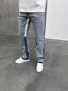 Fashionable Patchwork Jeans, American Streetwear Vintage Washed Straight Leg Slim Fit Denim Pants For Men - Light Wash - View 2