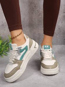 女士休闲系带运动鞋，软底平底舒适滑板鞋，轻便低帮日常穿着 - 綠色 - 查看 6