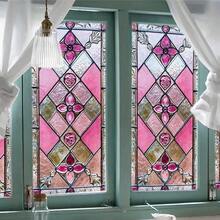 1 件全新彩色玻璃窗膜，波西米亚复古花卉和格子图案，静电玻璃贴纸保护隐私，可移除，适用于窗户、卧室、客厅、厨房墙壁装饰、房间装饰墙贴墙贴 - 粉色 - 查看 5