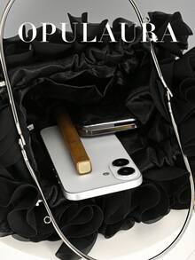 OpulAura 女士优雅花卉褶皱缎面手拿包 - 时尚雪纺花瓣手提包，配有链条肩带，适合新娘、婚礼、舞会、女生聚会、毕业派对、春晚、婚礼、鸡尾酒会和特殊场合 - 黑色 - 查看 7