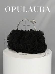 OpulAura 女士优雅花卉褶皱缎面手拿包 - 时尚雪纺花瓣手提包，配有链条肩带，适合新娘、婚礼、舞会、女生聚会、毕业派对、春晚、婚礼、鸡尾酒会和特殊场合 - 黑色 - 查看 3