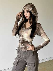 Áo thun dài tay có mũ trùm đầu dáng ôm dáng đơn sắc dành cho nữ phong cách đường phố Top Dazzle - Màu Khaki - Xem 3