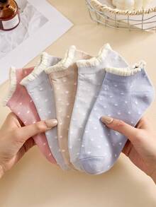 5 pares de calcetines de tobillo con volantes y lunares de colores para mujer, calcetines invisibles, transpirables y cómodos, adecuados para primavera/verano, colores surtidos