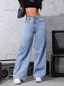 Teen Girl Casual Minimalist Distressed Straight Leg Jeans With Slant Pockets - Blue - View 3