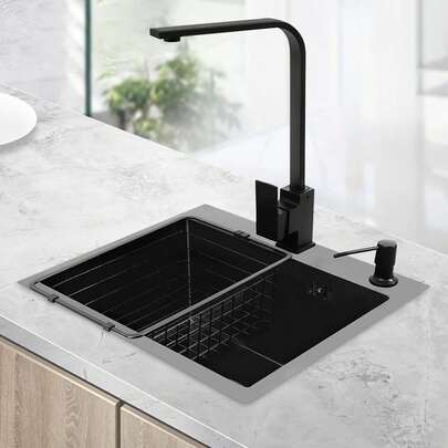 Évier diamant noir 45 x 40 (double trou) + bonde + panier de vidange noir 34 x 23 + distributeur de savon noir + robinet carré noir + 2 robinets d'angle pour cuisine et restaurant