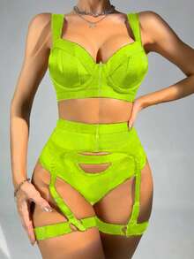 Women's Lingerie Sets With Garter Belt Strappy 4 Piece Underwire Bra And Panty Sets With Thigh Cuffs Sexy Outfit - 綠色 - 查看 5