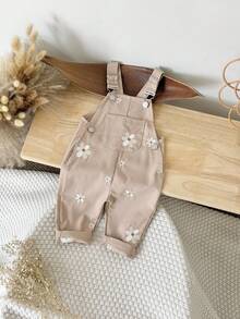 Baby Girls' Casual All-Over Embroidered Floral Light Blue Suspender Pants, Summer
