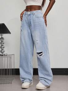 Blue Light Wash Straight Leg Ripped Boyfriend Jeans Daily Casual Outfit For Women Denim Long Pants Street Or School Wear