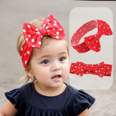 Elastic Nylon Bow Headband For Baby Girls, Polka Dot Headband, Bow Tie, Elastic Soft Hairband (Red With White Polka Dots A, Standard)