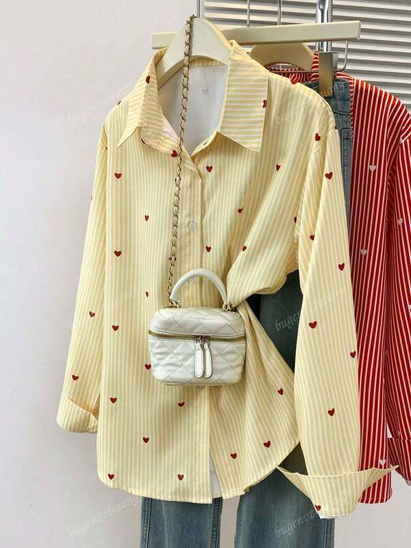 Blusa casual de manga larga con botones, cuello de solapa y estampado de corazones a rayas, adecuada para uso diario en primavera, verano y otoño, talla grande para mujeres