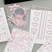 Hình dán nơ hồng hoạt hình tự dính chủ đề Ngày của Mẹ, hình dán trái tim hồng đính đá lấp lánh trang trí cho người lớn, có thể dùng để trang điểm mặt, làm bưu thiếp, thiệp, sách, album ảnh. - Hồng - Xem 2