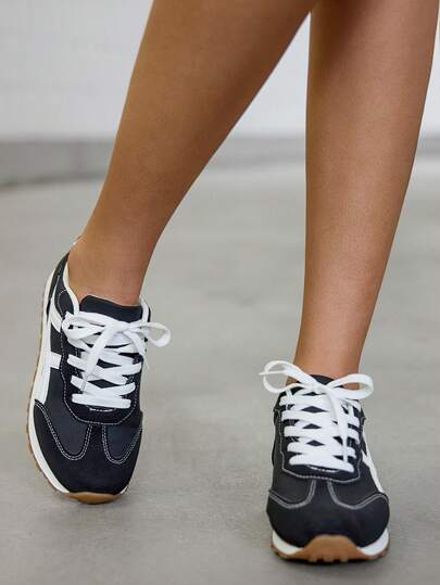 DareSee 女士现代时尚休闲拼接撞色运动鞋，学院风度假少女百搭厚底运动鞋，黑色运动休闲鞋，冬季礼物音乐节