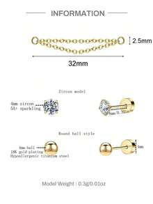 1pc 18K Gold Plated 4 Prong Inlaid Zirconia/Hypoallergenic Pierced Earring Chain Pendant Flat Back Cartilage Helix Piercing Fine Jewelry Suitable For Daily Wear Wedding Party Engagement Anniversary Valentine's Day - Multiple Styles - View 2