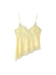 Women Satin Tops Y2K Lace Trim Camisole Asymmetrical Hem V-Neck Patchwork Tank Tops Spaghetti-Strap Backless Crop Tops Elegant Fashion Loose Cami Shirt Summer Blouse For Streetwear - 黃色 - 查看 6
