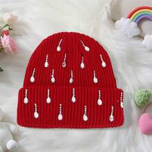 Gorro de punto con adornos de diamantes de imitación para mujer, gorro cálido de invierno para ir de compras al aire libre, citas y esquí. - Burdeos - Ver 4