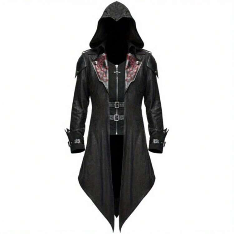 Men'S Medieval Gothic Jacket - Vintage Halloween Costume Coat With Hooded Cloak, Steampunk Renaissance Tailcoat For Cosplay, Renaissance Fairs, Themed Parties - Available In Black/Red/ - Historical Reenactment Attire, Goth Accessories, Cosplay Outfit, Intricate Detailing, Detailed Craftsmanship, Cosplay Enthusiasts, Highquality Fabric, Cosplay Fans - Red - View 3