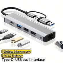 Hochgeschwindigkeits USB 3.0 5-Port Dockingstation mit 100Mbps Ethernet, Typ-C und USB-A Schnittstellen - Aluminiumlegierung, geeignet für die Kompatibilität mit mehreren Geräten wie Laptops, Tablets und Handy