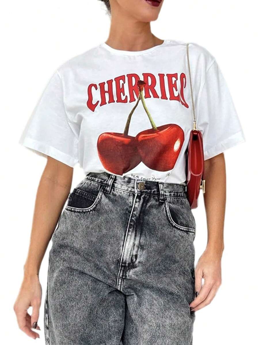 Women Graphic Tees Cherry Print Loose Fit Short Sleeve Crew Neck T Shirt Summer Casual Top Tee - White - View 1