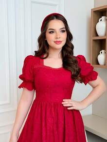 Elegant 3D Embroidered Laise Midi Dress In 100% Cotton With Puff Sleeves And Flared Skirt - Rojo - Ver 4