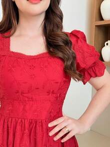 Elegant 3D Embroidered Laise Midi Dress In 100% Cotton With Puff Sleeves And Flared Skirt - Rojo - Ver 3