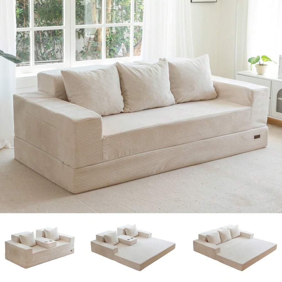 MAXYOYO Convertible Sofa Bed,Double Corduroy Floor Sofa With Armrests And Two Cup Holders,4 In 1 Suitable For Living Room Bedroom Office,No Assembly Required - 米色 - 查看 1