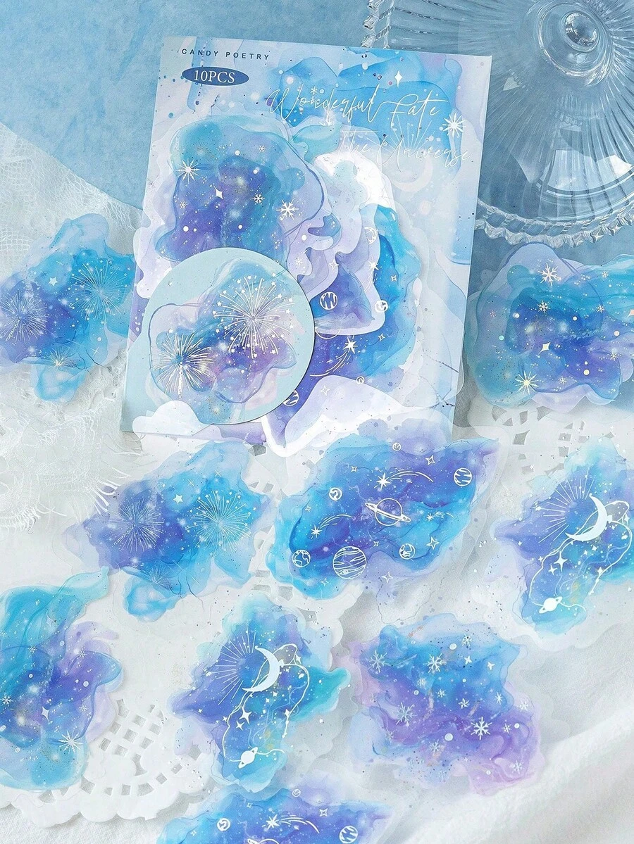 CANDY POETRY 10 件/包水彩扎染全息贴纸，创意美学贴纸贴花，DIY 装饰剪贴簿工艺材料，节日礼物，个性化剪贴簿学校用品 - 藍色 - 查看 1
