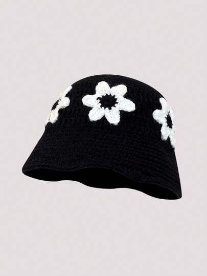 1 件女士花卉针织渔夫帽，泫雅风格，清新手工钩针花朵帽，甜美百搭，适合日常穿着秋季装饰
