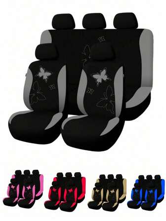 5pcs/Set Butterfly Pattern Car Seat Covers, Fashion Universal Front & Rear Seat Protector, Includes 5 Headrest Covers, 2 Front Seat Covers, 1 Split Rear Seat Cover, 1 Whole Rear Seat Cover, Suitable For Airbag, Car Interior Decoration, Fit For SUV, Sedan, Van